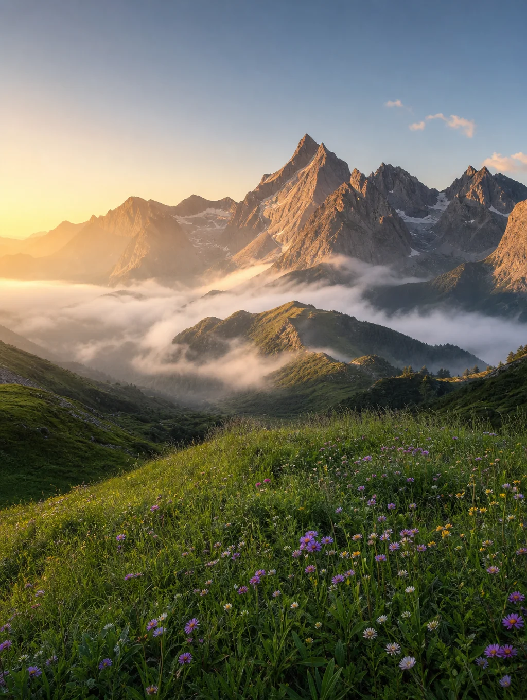Breathtaking mountain landscape view during a sunrise adventure trek