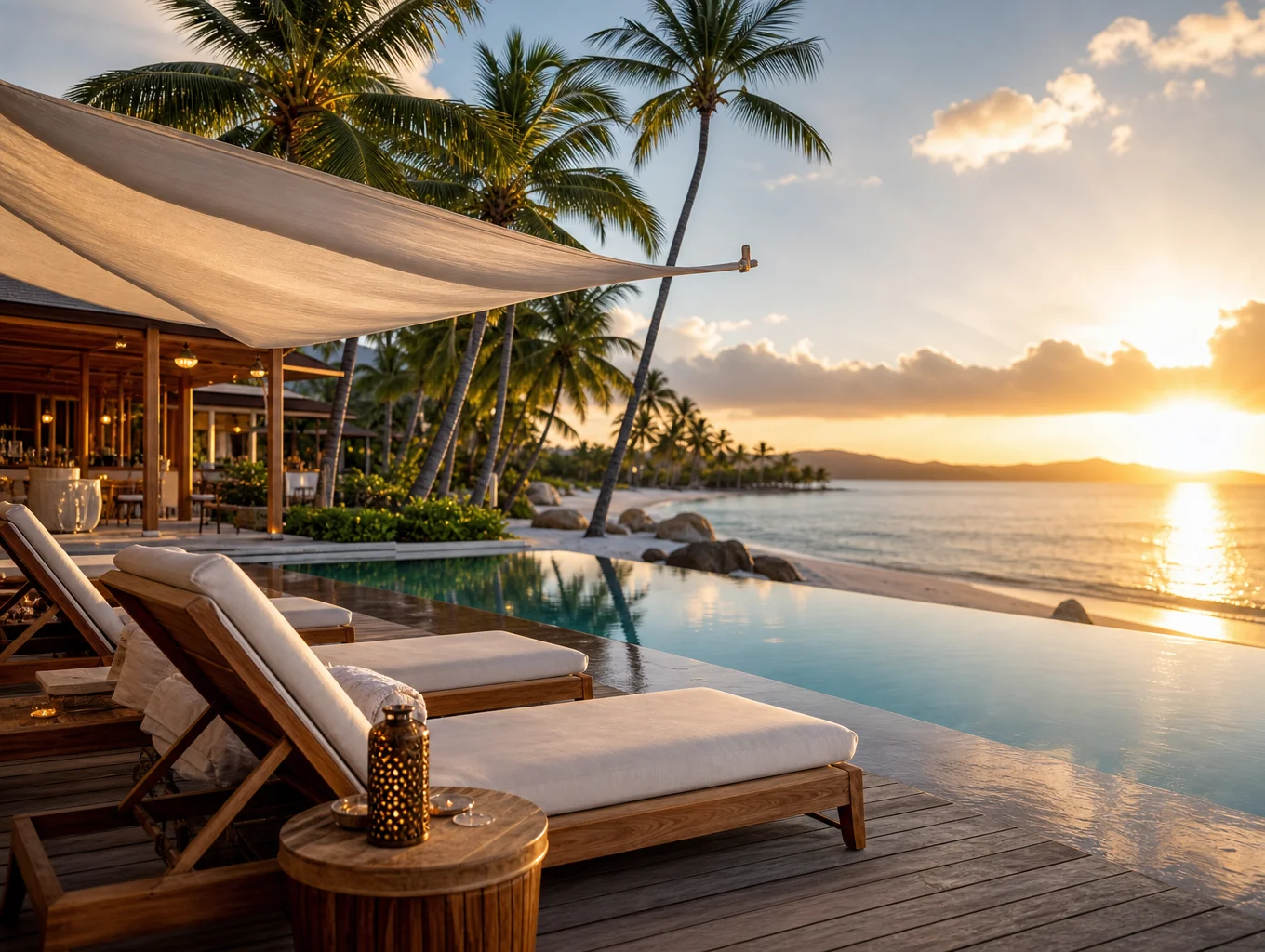 Stunning view of a luxury resort overlooking a tropical coastline