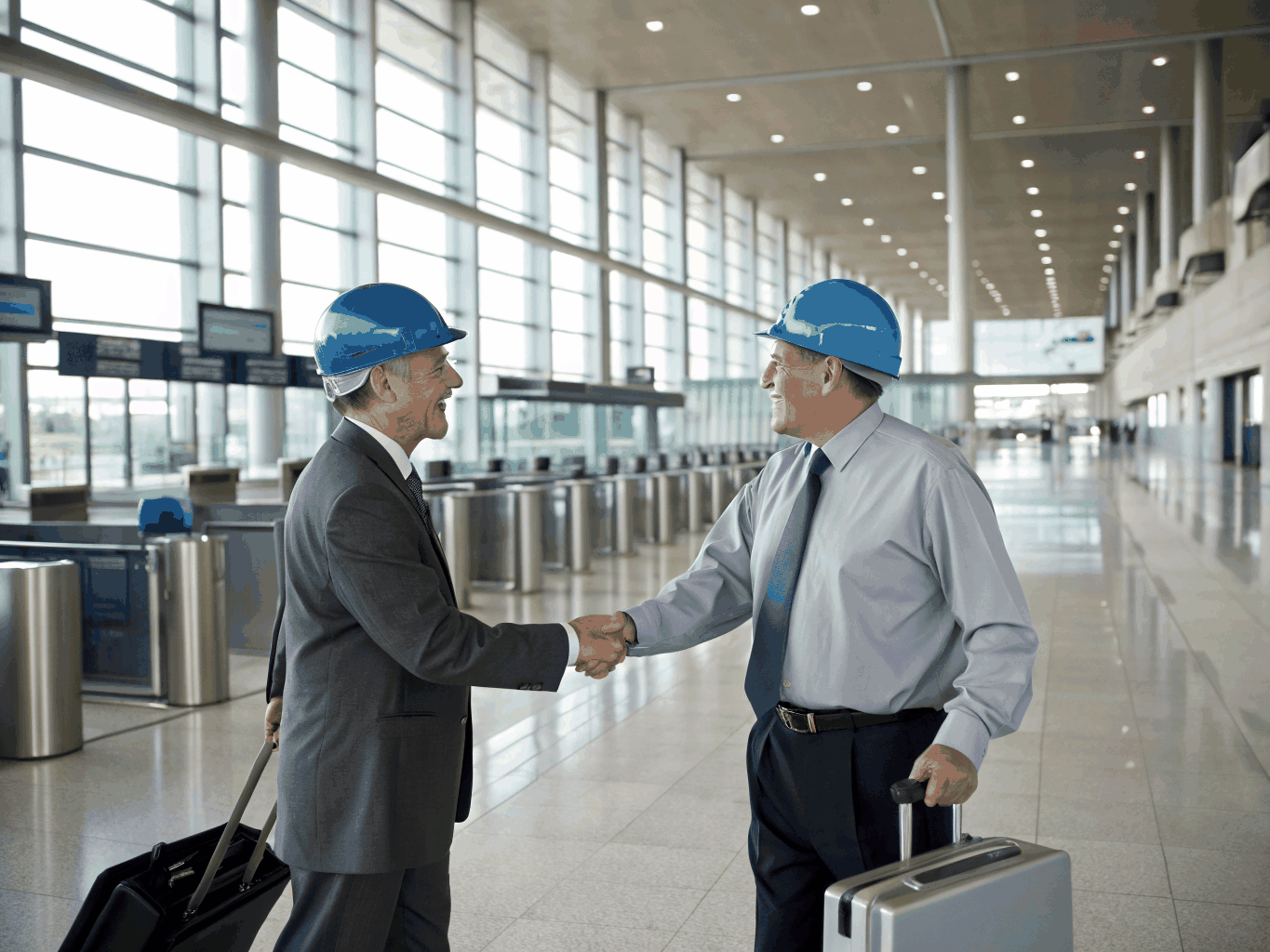 Business partners shaking hands in a modern airport lounge