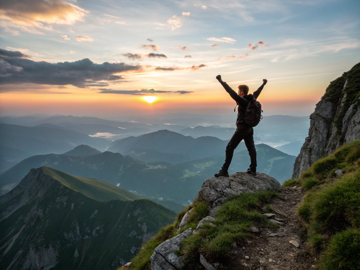 Adventurer standing on a mountain peak at sunrise