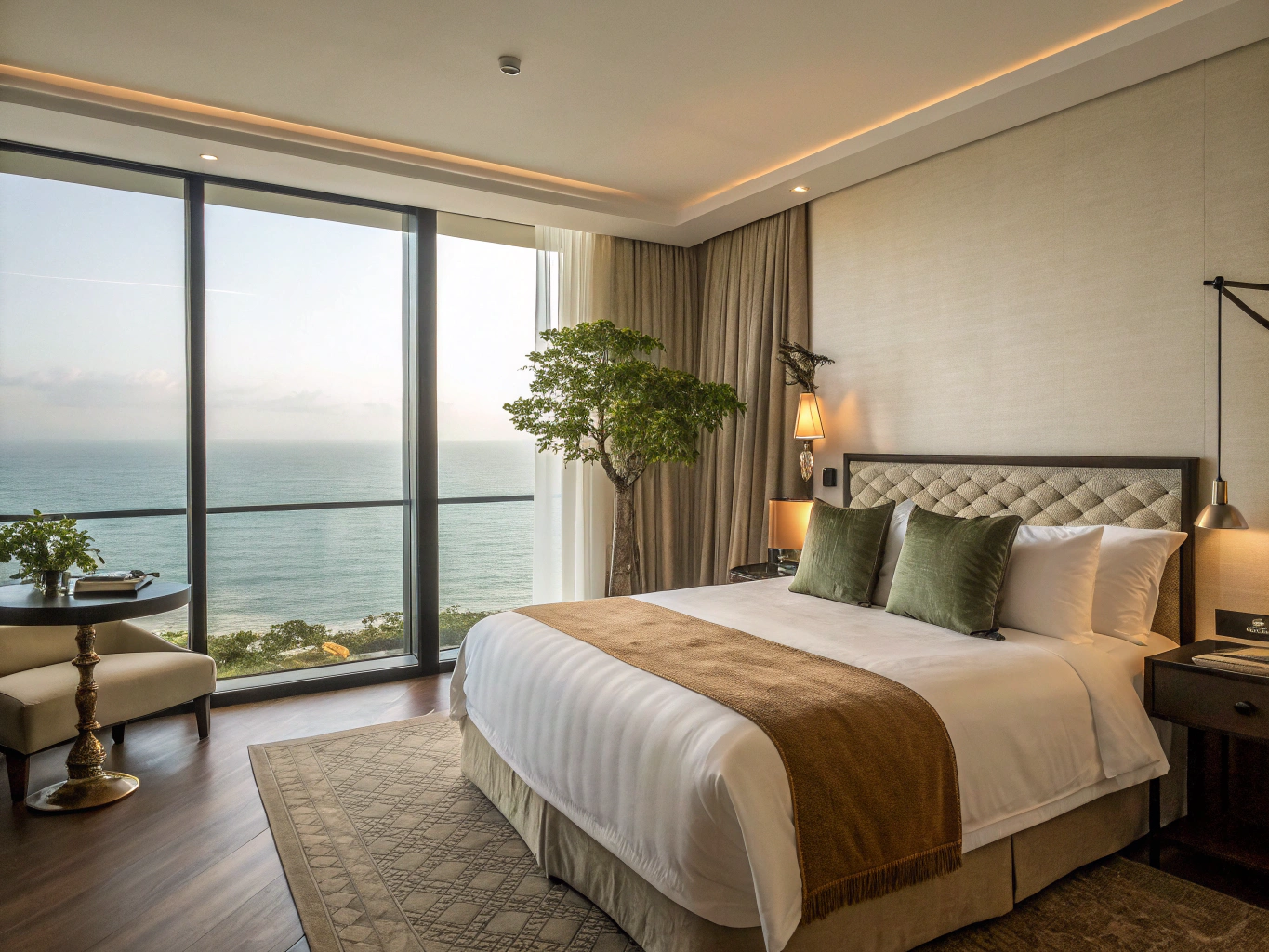 Serene boutique hotel room overlooking a coastal landscape