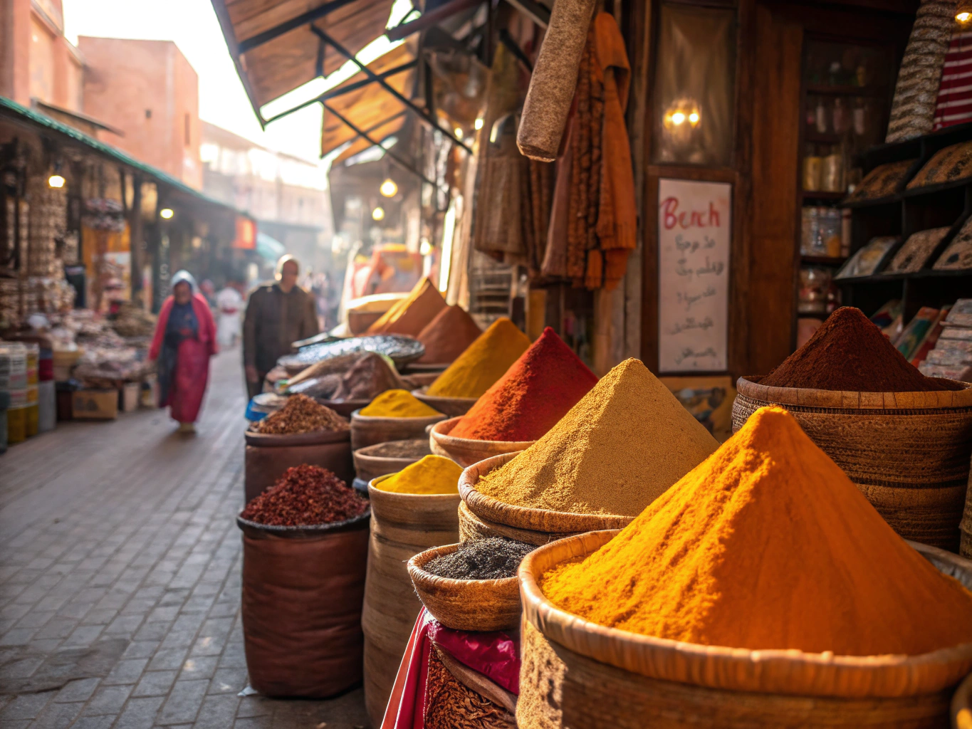 Local market scene with vibrant spices and traditional crafts
