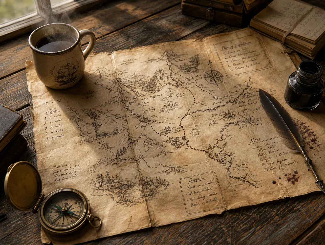 Hand-drawn travel map spread across a wooden desk