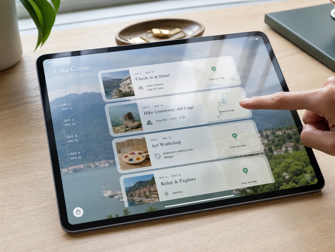 Digital travel itinerary displayed on a tablet with flight details